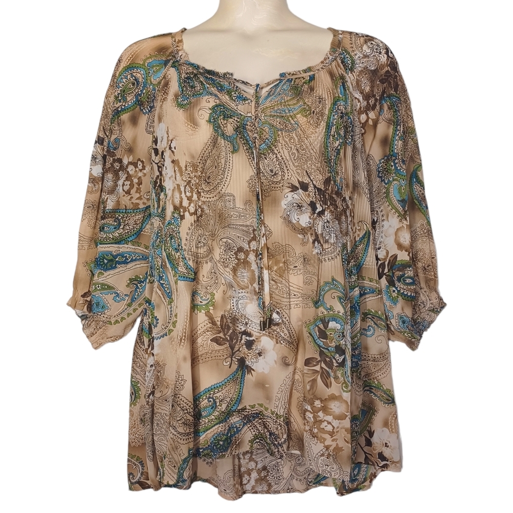 AVENUE Tan Brown Blue Green Paisley Print Pleated Boho Top 30/32